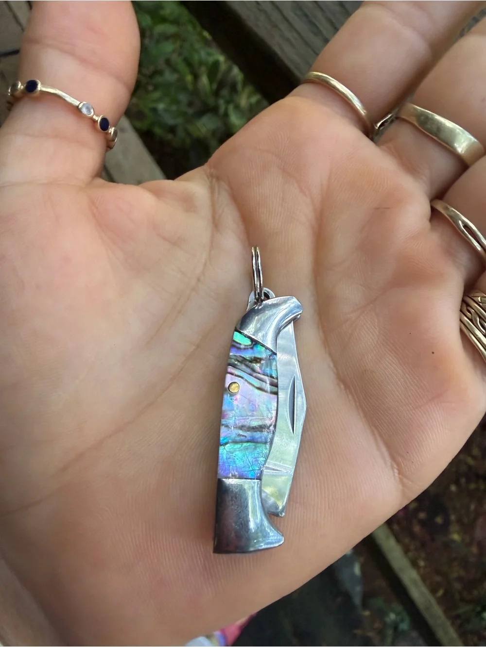 Iridescent Abalone Pocket Knife Keychain in Blue-Green